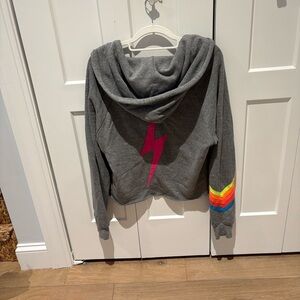 Gray Hoodie with Pink Lightning Bolt and Rainbow Sleeve
